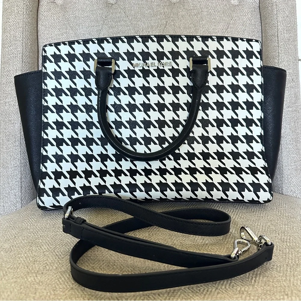 Michael Kors Selma Large Black and White Houndstooth Satchel - Picture 1 of 5